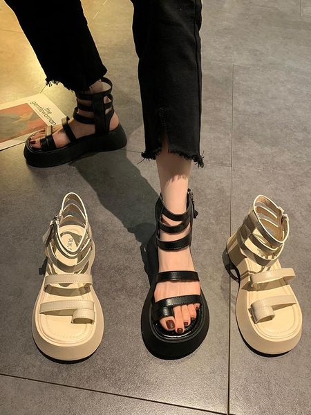 

summer chunky-heel late evening breeze students women's style sandals versatile semi-high heeled fairy ankle strap with, Black