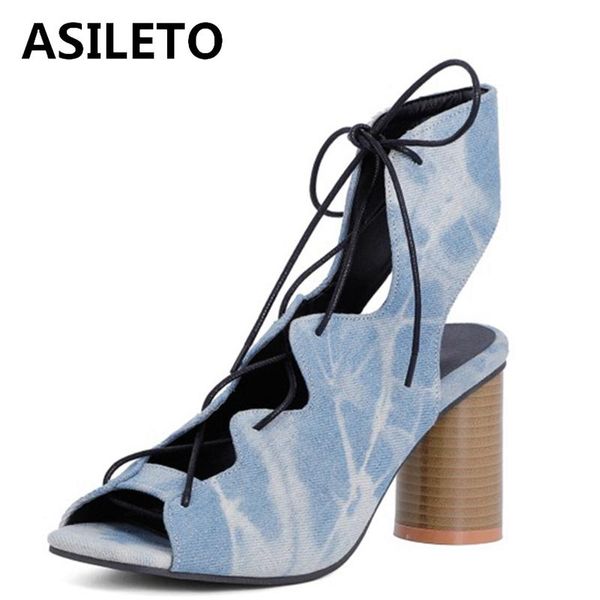 

sandals asileto 2021 snakeskin ankle cross lace up slingbacks open toe 8cm round heels size 32-48 blue black brown a4343