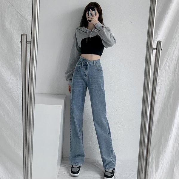 

women's jeans 2021 autumn winter retro high waist black loose cross women fashion straight trousers draping mopping pants, Blue
