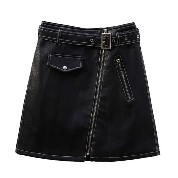 

pu patent leather high street solid pencil mini empire zipper sash short skirt black yellow green apricot orange s0279 210514
