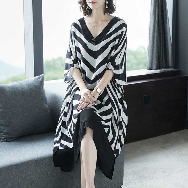 

high end silk drs loose large skirt women's summer v-neck long, Black;gray