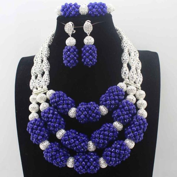 

earrings & necklace african silver beads jewelry sets royal blue crystal nigerian bridal hd8577