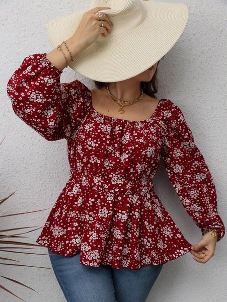 

plus floral print square neck blouse h7ai#, Black