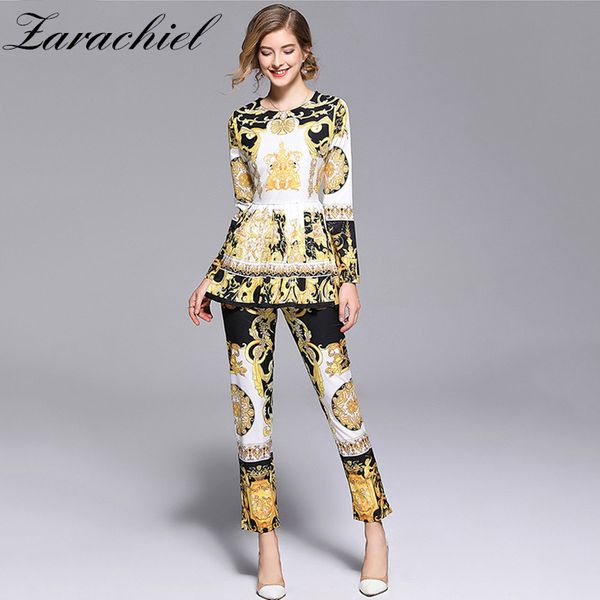 

fashion runway designer suit women's long sleeve retro pattern print pleated hem split pullover pants set 2 piece sets 210416, White