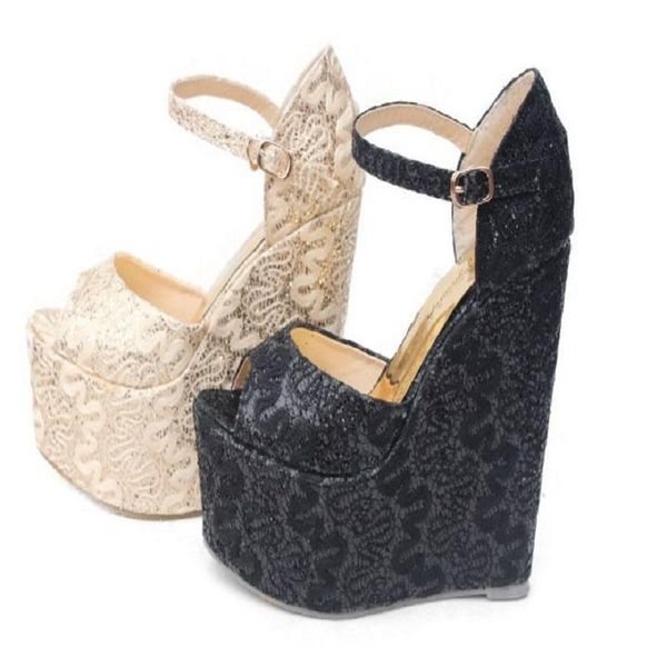 

dress shoes 2021 ultra high wedge wedding fish mouth female sandals gold bride large size small code, Black