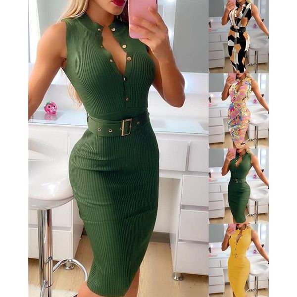 

casual dresses slim midi for women fashion button with belt 2021 deep v neck sleeveless bodycon knit dress, Black;gray
