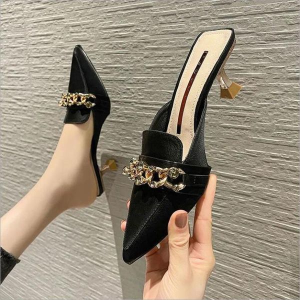 

dress shoes pointed toe women pumps metal chain shallow design thin high heels orange office work woman size 35-39, Black