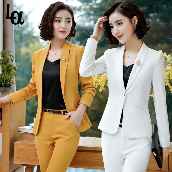 

fashion spring soild women silm blazer suit office lady single botton plus size yellow white two piece set 210519, White;black