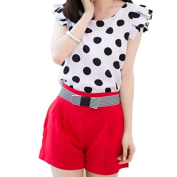 Chiffon Bluse Casual Shirts Polka Frauen Weiß Schwarz Dot Kurzarm Mode Oansatz Plus Größe Tops X0521