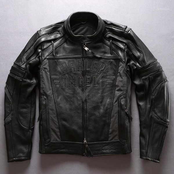 

men's leather & faux 2021 style motorcycle reflective cowhide professional biker jacket with protective device bag vintage coat, Black