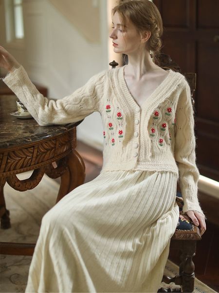 

women's knits & tees fall winter women sweater cardigan vintage elegant v-neck handmade beading embroidery wool mori girls 5dxt, White