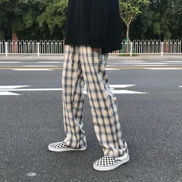

men's pants laid men streetwear harajuku baggy fashion wide leg checked trousers korean style summer loose, Black