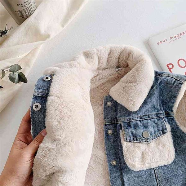 80-140 cm Winter Mädchen Jungen Dicke Warme Fleece Weste Baby Kinder Kinder Jeans Denim Weste 210818