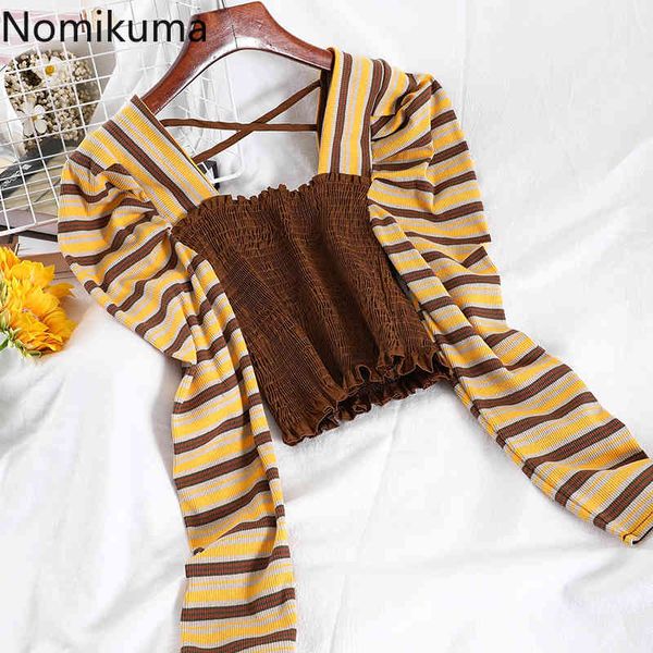 

nomikuma striped stretch slim short t shirts long sleeve square collar women tees autumn new femme graphic tee 6d273 210427, White