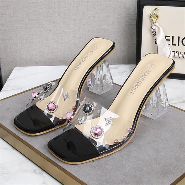 

dress shoes maiernisi summer elegant pearl women pumps fashion rivet decoration high heels mules slippers square toe ladies t8-12, Black