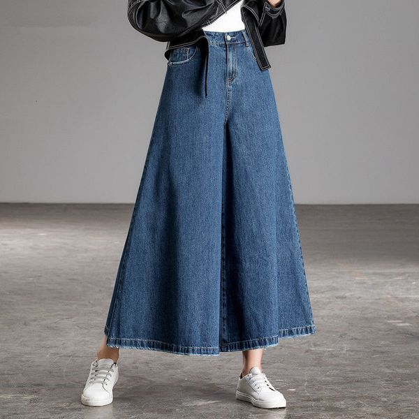 

spring summer female hip high waist denim wide pants casual leg loose ankle-length vintage jeans plus size s899, Blue