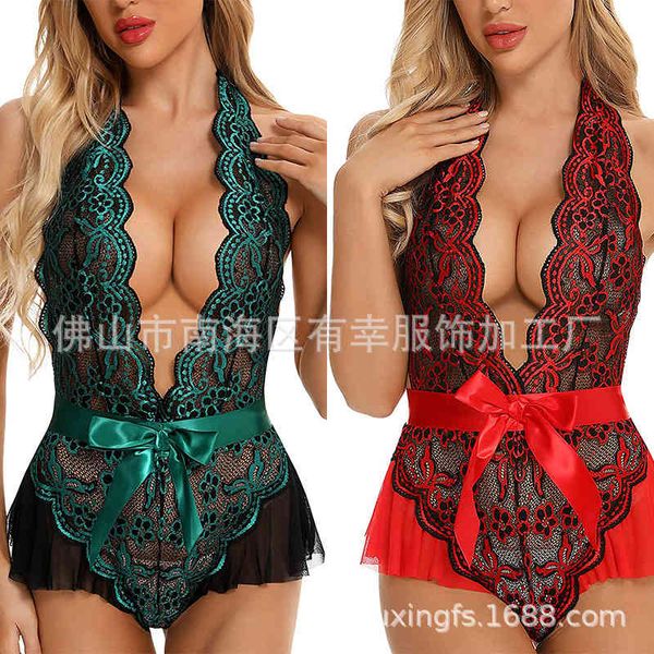 

lingerie large piece women's two one color lace deep v-neck pajamas, Black;white