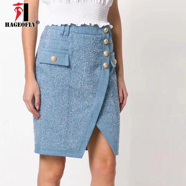 

skirts hageofly designer short jeans skirt women blue denim mini a line saia lion gold button wholesale, Black