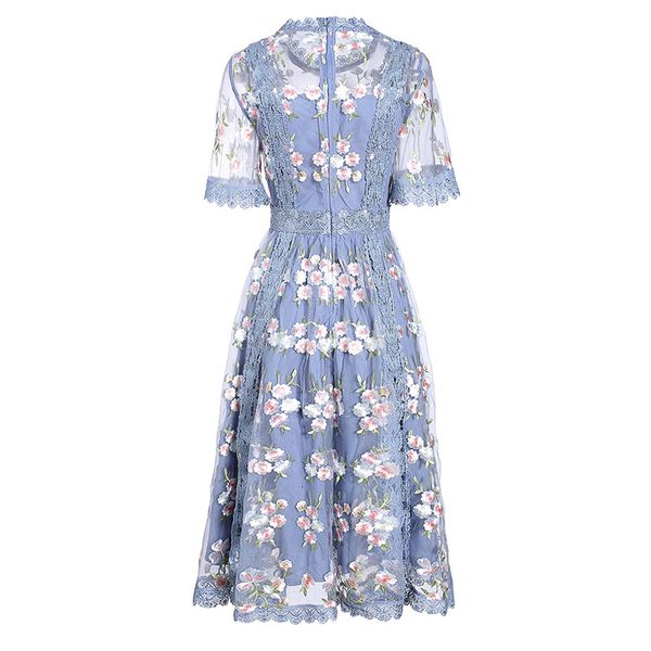 

dress blue seqinyy as runway 2021 summer fashion design feminine lace flower mesh the line ed midi, Black;gray