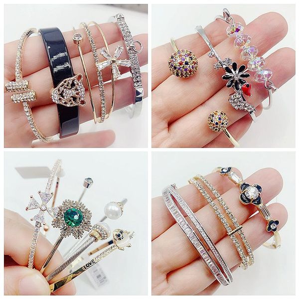 

wholesale 20pcs / lot versatile mmcro set zircon open bangle gold bracelet korean fashion simple pearl crystal love bracelets, Black