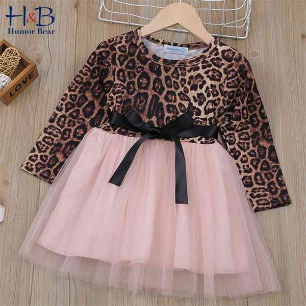 Vestito da bambina a maniche lunghe in rete con fiocco leopardato da principessa, moda per bambini, per bambini, abbigliamento per bambini 210611