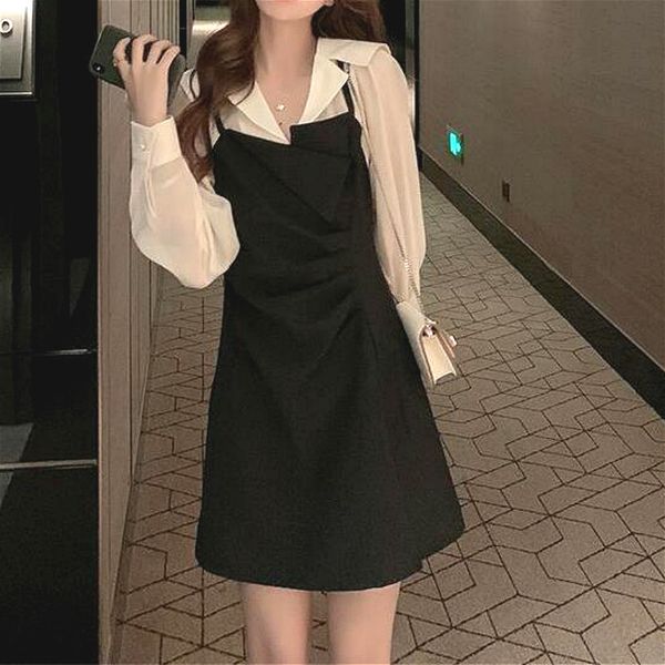 

casual dresses elegant women patchwork long sleeveoffice lady female irregular slim black korean autumn cpou, Black;gray