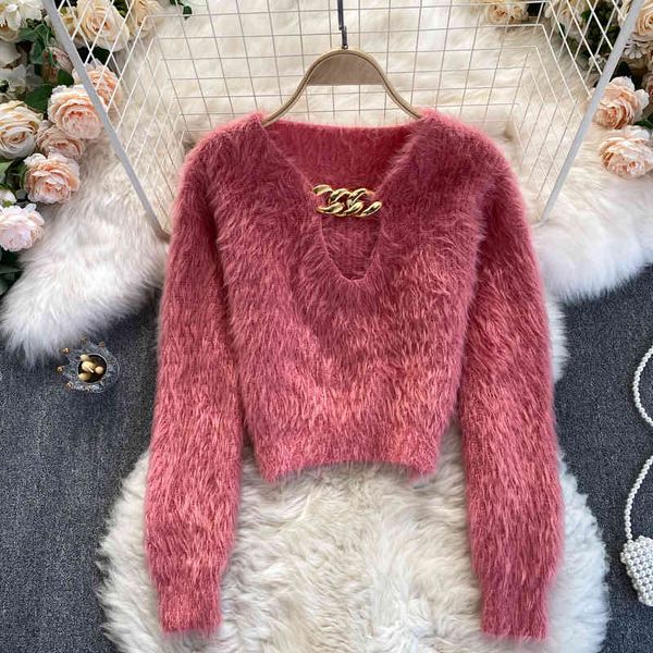 

women knitted sweater korean v neck long sleeve elastic slim short pullovers autumn winter retro fashion warm jumper 210419, White;black