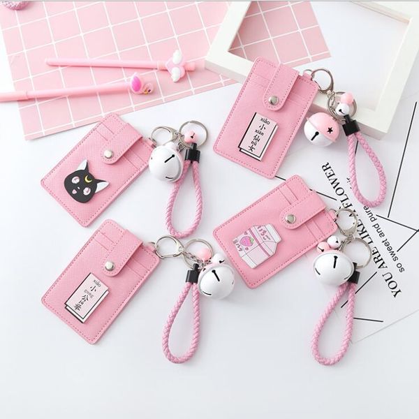 

card holders 1pc 3 jockey pu leather kawaii pink heart bell hanging rope holder keychain double side bus bank protection case, Brown;gray