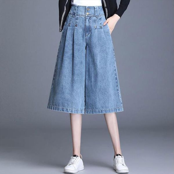 

vintage plus size wide leg womens jean denim skirt pants loose casual streetwear culottes feminino ladies calf length jeans, Blue