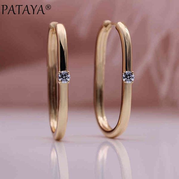 

pataya unique square unusual 585 rose gold symmetry trendy drop earrings one natural zircon women fashion jewelry, Golden