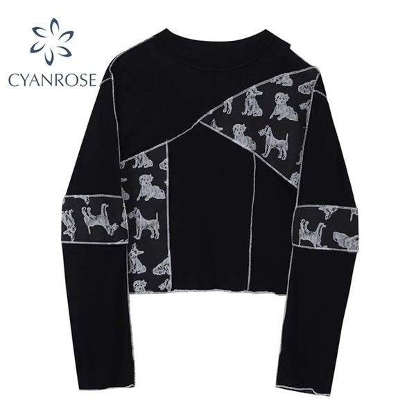 

women's spring streetwear spliced t shirt or fashion long sleeve black crop skinny jumper tees female harajuku pop 210515, White
