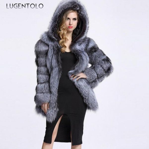 

women's fur & faux women warm hooded fashion large size autumn winter coat casual splicing female elegant solid street coats, Black