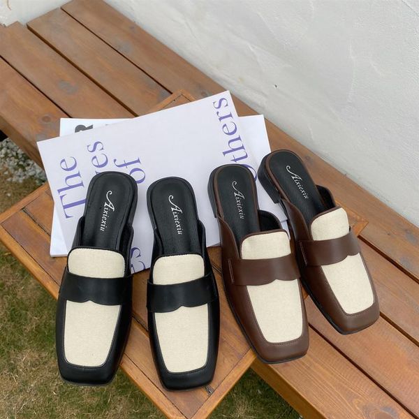 

slippers square toe mules women patchwork chunky heels casual slip on shoes slides shallow loafers black brown zapatos mujer