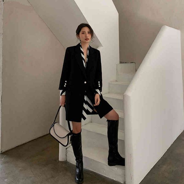 

women's suits & blazers [eam] women black striped printed stitch long blazer lapel sleeve loose fit jacket fashion spring autumn 2022 1, White;black