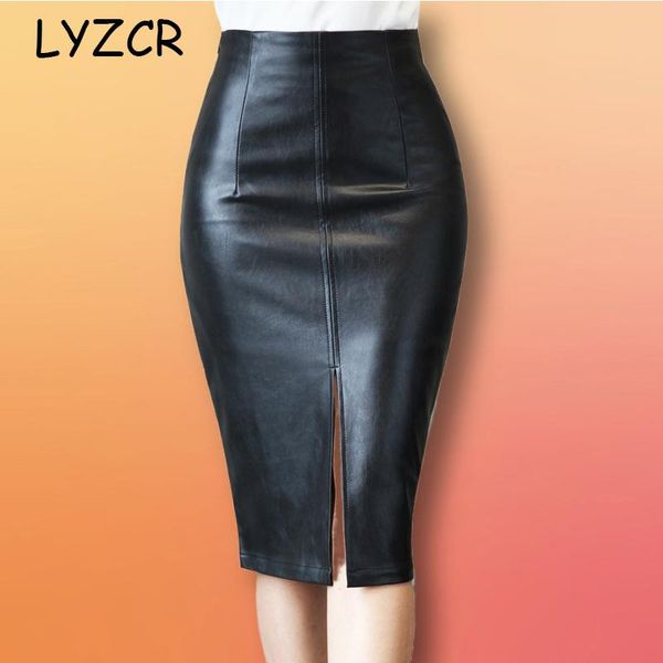 

skirts women pu leather skirt pencil midi plus size faux ladies knee length bandage for office womens work, Black