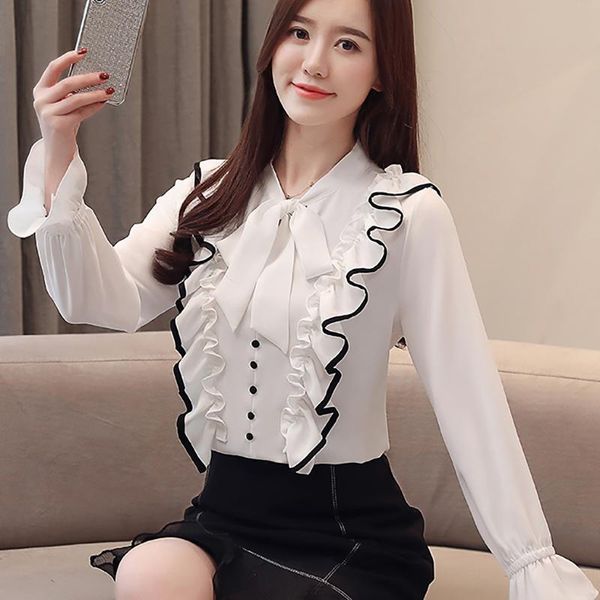 

women's blouses & shirts shintimes chiffon shirt lace up bow blouse women clothing ruffles womens and elegant flare sleeve femme 88li, White