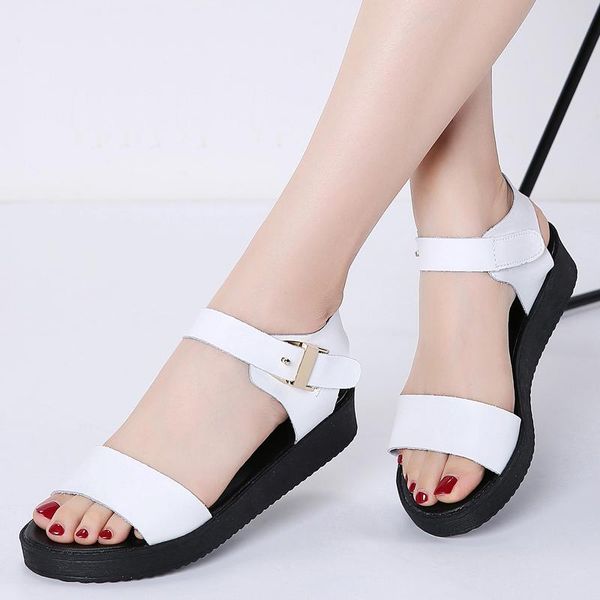 

dress shoes 2021 summer women sandals genuine leather flat ankle strap ladies white beach 2915 platform, Black