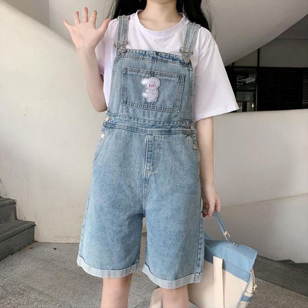

summer harajuku kawaii bear embroidered women romper overalls denim playpsuit mujer, Black;white