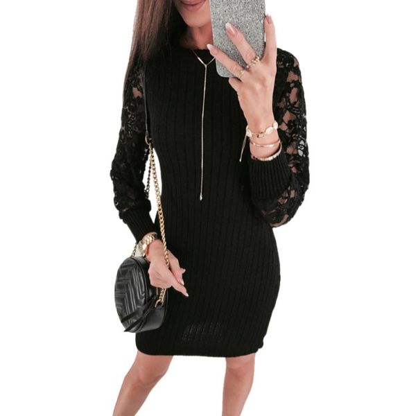 

fashion autumn winter women ladies long sleeve solid slim lace dress female casual o neck knitted sheath dresses outfits, Black;gray