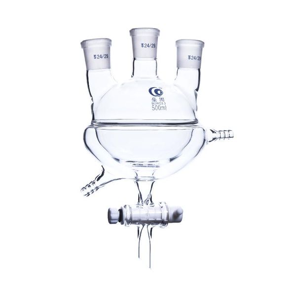 

lab supplies 500ml 24/29 thickened double-layer round bottom three-necked flask jacketed half-packed with ptfe discharge valve