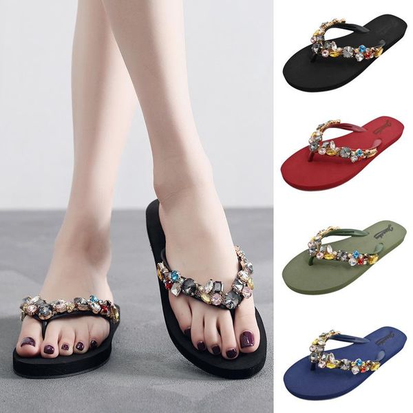 

slippers women's flat comfortable beach shoes non-slip soft bottomcasual flip flop rhinestone decoration summer tong femme buty, Black
