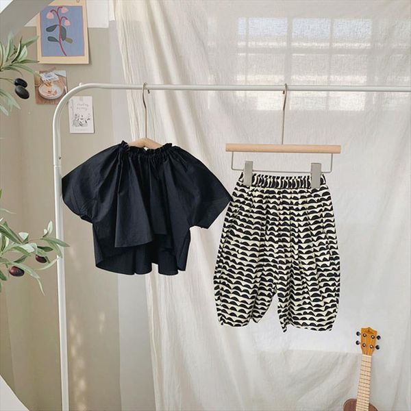 

summer kids set casual black blouse and print pants 2pcs suit, White
