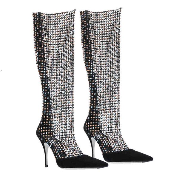 

sandals 2021 autumn mesh hollow pointed toe banquet stage stiletto heel women's sandals versatile rhinestone fashion boots jb, Black