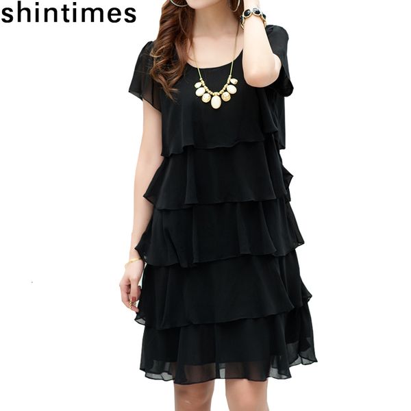 

casual dresses shintimes l-4xl plus size summer clothes for women chiffon loose ruffles cake party black blue woman ape3, Black;gray