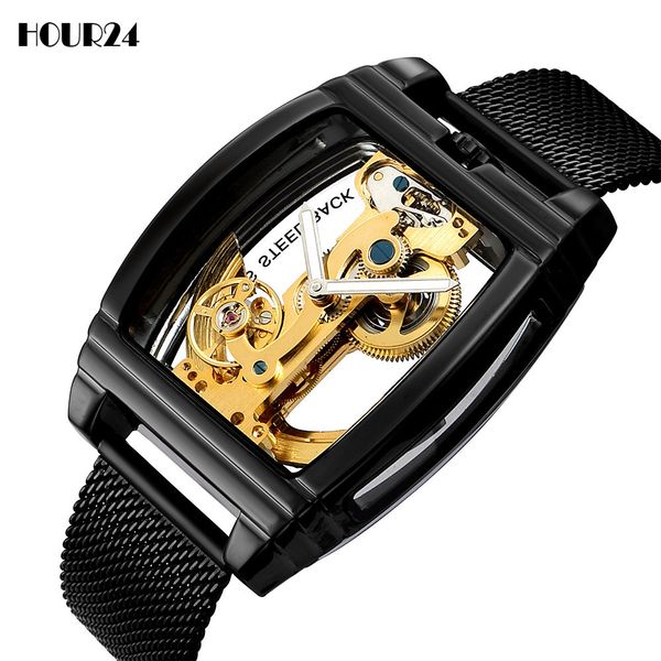 

men automatic mechanical clock for stainless steel luxury transparent tonneau shape dial lighting reverse male, Slivery;brown