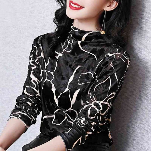 

long sleeve velour winter blouse women clothes blouse women blusas mujer de moda turnleneck black print blouse shirt d730 210426, White