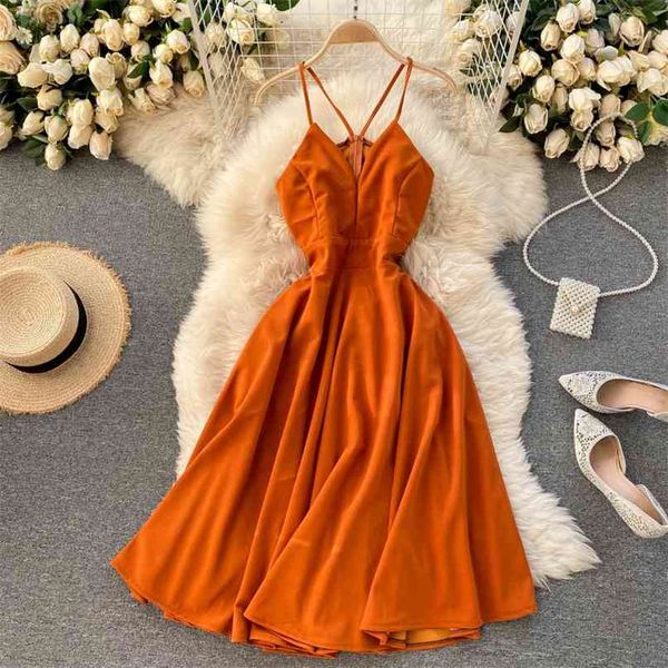 

women fashion seaside holiday v-neck slim high waist a-line dress lady sleeveless solid color clothes vestidos r230 210527, Black;gray