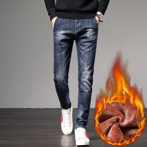 

fleece warm men's jeans 2021 straight winter classic business casual thickening elastic brand pants blue black