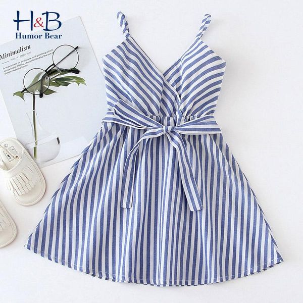 

girl's dresses humor bear girls dress 2021 summer sleeveless v-neck stripe printed with belt princess toddler clothes, Red;yellow
