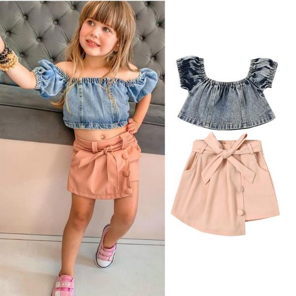 

boiiwant 1-6y kids girls summer suit denim short sleeves round neck +bowknot irregular patchwork skirt shorts 2pcs outfits clothing sets, White
